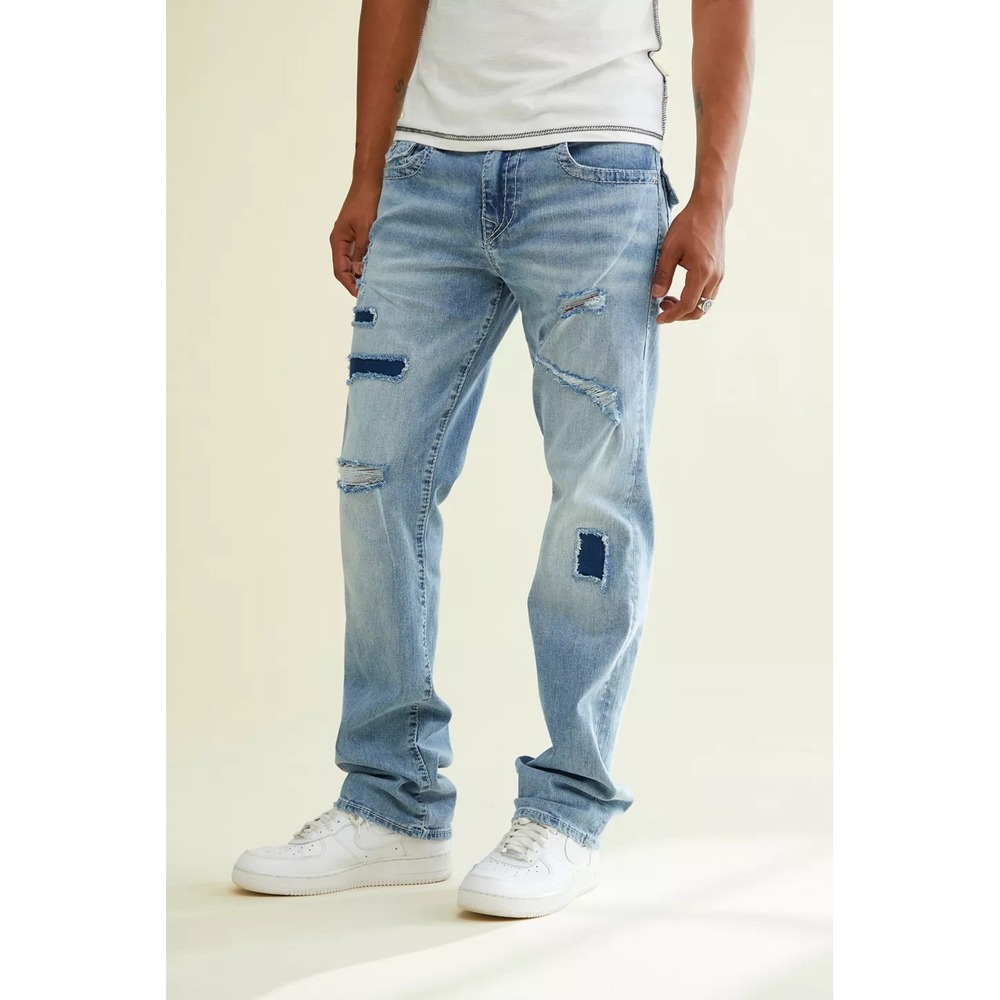 True Religion Ricky Relaxed Straight Mens 46x34 Light Vintage Wash Double Flap - Picture 2 of 14